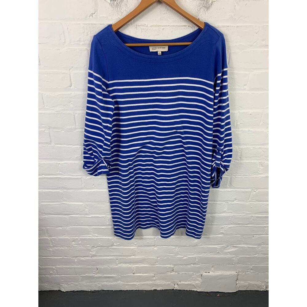 Jones New York Women's Striped Simple Boatneck Dress Long Sleeves Blue Size L